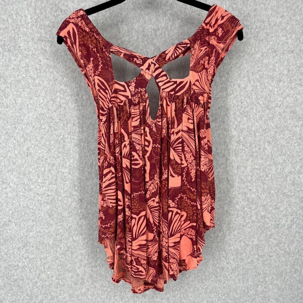 Free People Sugar Cane Strappy Top Size Xs Floral Red Pink Boho Asymmetrical Euc